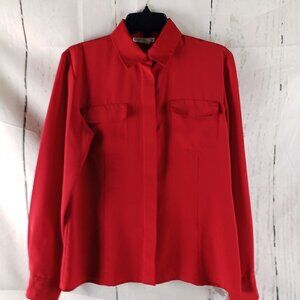 Susan Hutton Blouse Womens 8 Red Hidden Button Up Collared Long Sleeve Pocket